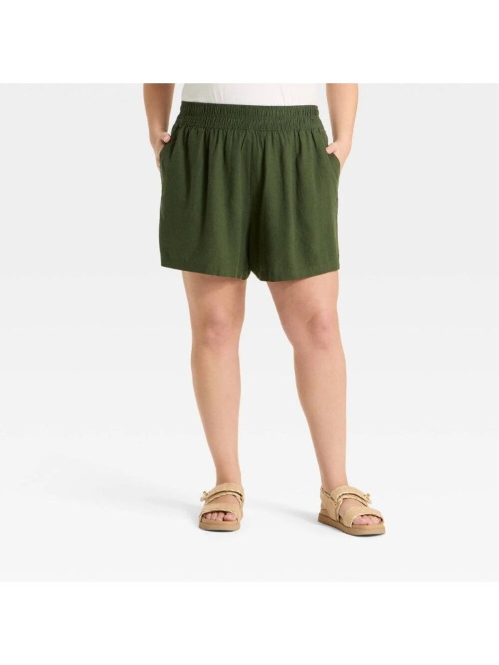 NWT Women's High-Rise Linen Pull-on Shorts - Ava & Viv Dark Olive Green 4X